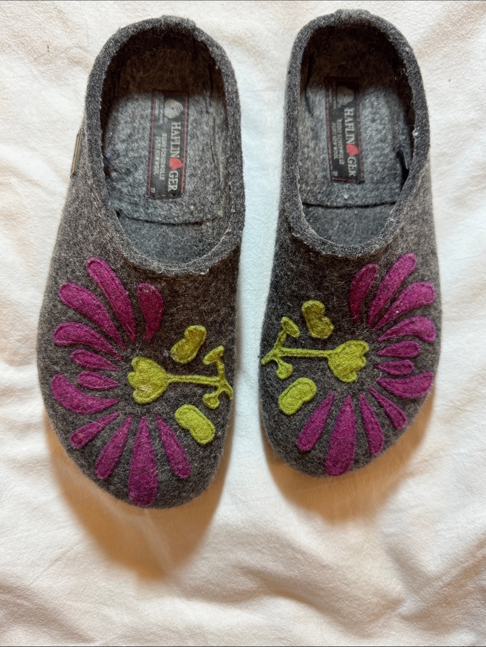 Haflinger Gray Felt Slip-Ons with Pink and Lime Floral Motif (size 8.5)